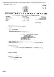 [Letter from Highstreet Enterprises Ltd to Pretish regarding release of 1200 cases-Dorchester International Lights hard outer to Gallaher International Limited]