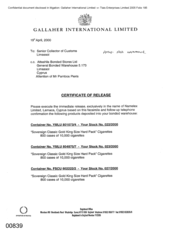 [Letter from Gallaher International Limited to Senoir Collectors of Custom regarding certificate of release]