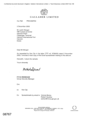 [Letter from PRG Redshaw to Justin Morgan regarding enclosed hard copy of excel spreadsheet as requested]