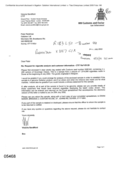 [Letter from Victoria Sandiford to Peter Redshaw regarding request for cigarette analysis and customer information]