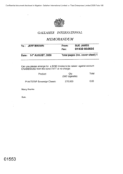 Gallaher International[Memo from Sue James to Jeff Brown regarding invoice against account CNAMEMUSD]