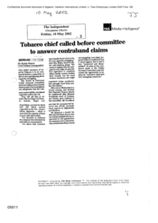 [20020510 The Independent article titled Tobacco chief called before committee to answer contraband claims]