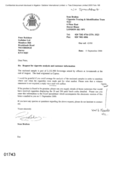 [Letter from Sean Brabon to Peter Redshaw regarding request for cigarette analysis and customer information]