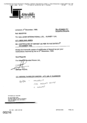 [Letter from George Pouros to Sue James regarding certificates of deposit as per yr fax dated 19921202]