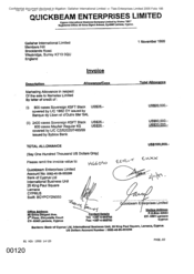 [Invoice from Quickbeam Enterprises Limited to Gallaher International Limited for Sovereign cigarettes]