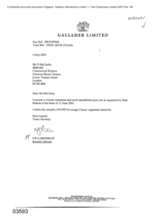 Gallaher Limited[Memo from PRG Redshaw to O McCathy regarding a witness statement and excel print out requested by Sean Brabon]