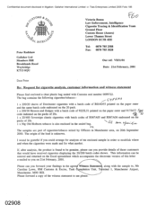 [Letter from Victoria Bonsu to Peter Redshaw regarding Request for cigarette analysis customer information and witness statement]