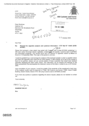 [Letter from Sharon Tapley to Peter Redsaw regarding request for cigarette analysis and customer information]