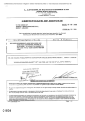 [Certificate of Deposit from Gallaher Banque Libano-Francaise SAL Beirut-Lebanon to Atteshlis Bonded Stores Ltd for 800 Cases Soverereign Classic Gold King Size]