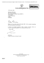 [Letter from Tom Keevil to Duncan McCallum regarding procedural agreement for Gallaher sales to Tlais Enterprises Ltd]