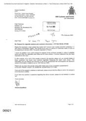 [Letter from Victoria Sandiford to Peter Redshaw regarding the request for cigarette analysis and customer information]