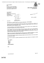 [Letter from Victoria Sandiford to Peter Redshaw regarding request for cigarette analysis and customer information]