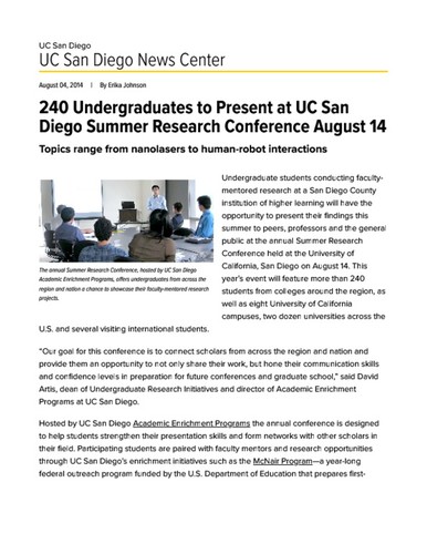 240 Undergraduates to Present at UC San Diego Summer Research ...