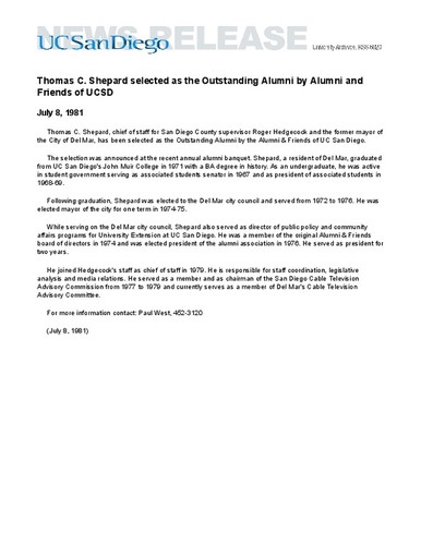 Thomas C. Shepard selected as the Outstanding Alumni by Alumni and Friends of UCSD