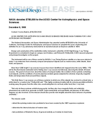 NASA donates $750,000 to the UCSD Center for Astrophysics and Space Sciences