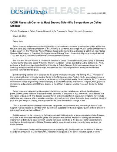 UCSD Research Center to Host Second Scientific Symposium on Celiac Disease--Prize for Excellence in Celiac Disease Research to be Presented in Conjunction with Symposium