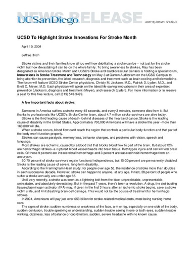 UCSD To Highlight Stroke Innovations For Stroke Month