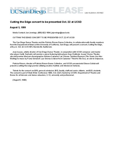 Cutting the Edge concert to be presented Oct. 22 at UCSD