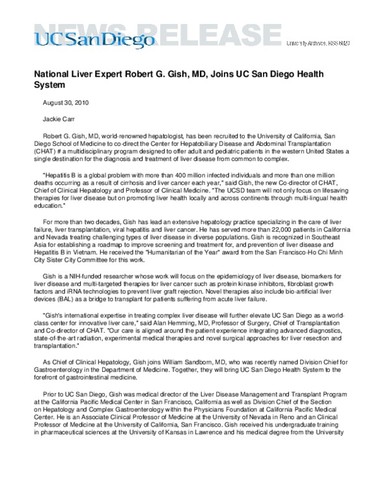 National Liver Expert Robert G. Gish, MD, Joins UC San Diego Health System