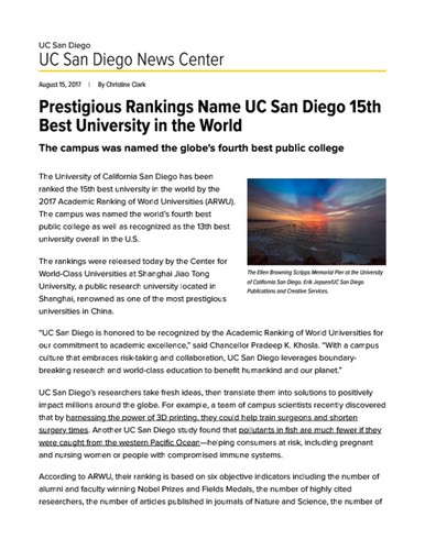 Prestigious Rankings Name UC San Diego 15th Best University in the World