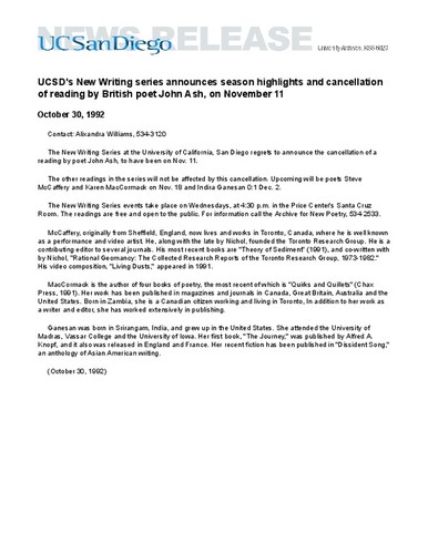 UCSD's New Writing series announces season highlights and cancellation of reading by British poet John Ash, on November 11