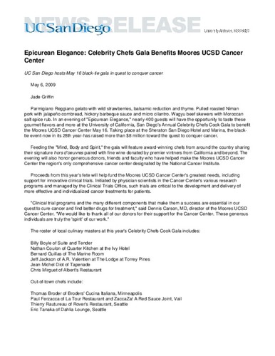 Epicurean Elegance: Celebrity Chefs Gala Benefits Moores UCSD Cancer Center--UC San Diego hosts May 16 black-tie gala in quest to conquer cancer