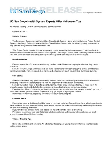 UC San Diego Health System Experts Offer Halloween Tips--No Trick to Treating Children (and Adults) to a Safe Halloween