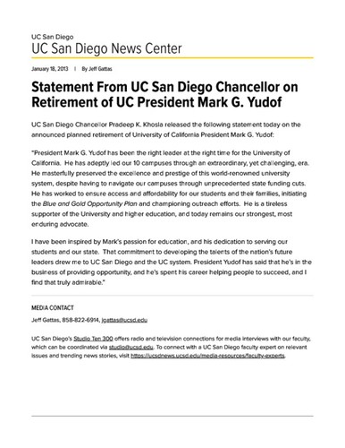 Statement From UC San Diego Chancellor on Retirement of UC President Mark G. Yudof