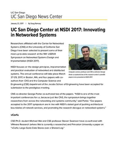 UC San Diego Center at NSDI 2017: Innovating in Networked Systems