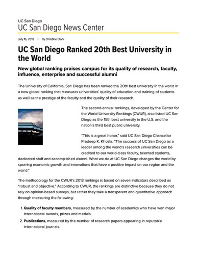 UC San Diego Ranked 20th Best University in the World