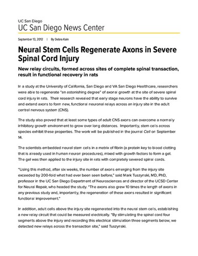Neural Stem Cells Regenerate Axons in Severe Spinal Cord Injury