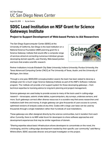 SDSC Lead Institution on NSF Grant for Science Gateways Institute