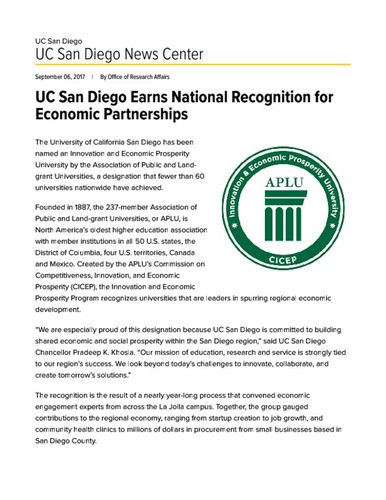 UC San Diego Earns National Recognition for Economic Partnerships