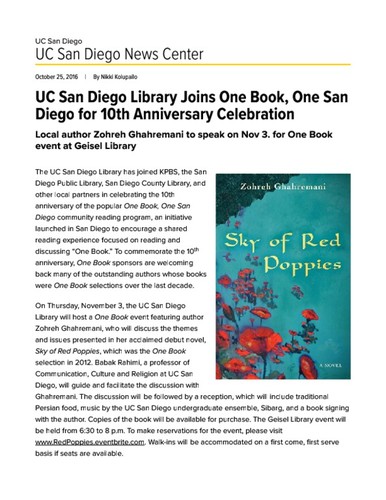 UC San Diego Library Joins One Book, One San Diego for 10th Anniversary Celebration