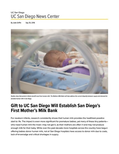 Gift to UC San Diego Will Establish San Diego’s First Mother’s Milk Bank