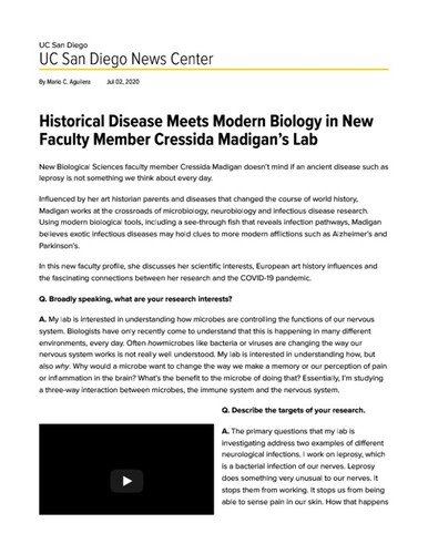 Historical Disease Meets Modern Biology in New Faculty Member Cressida Madigan's Lab