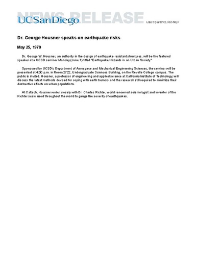 Dr. George Housner speaks on earthquake risks