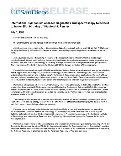 International symposium on laser diagnostics and spectroscopy to be held to honor 65th birthday of Stanford S. Penner