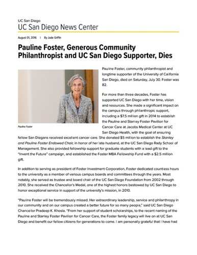 Pauline Foster, Generous Community Philanthropist and UC San Diego Supporter, Dies