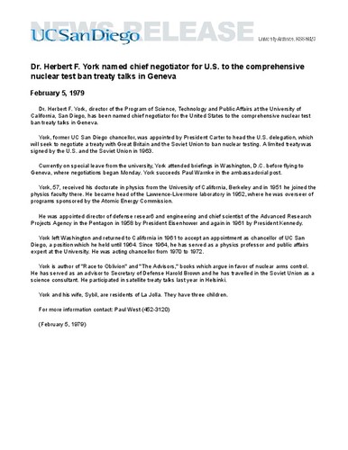 Dr. Herbert F. York named chief negotiator for U.S. to the comprehensive nuclear test ban treaty talks in Geneva