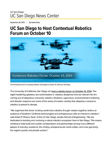 UC San Diego to Host Contextual Robotics Forum on October 10