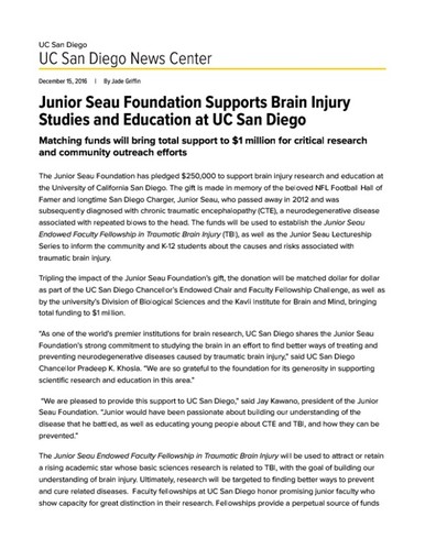 Junior Seau Foundation Supports Brain Injury Studies and Education at UC San Diego