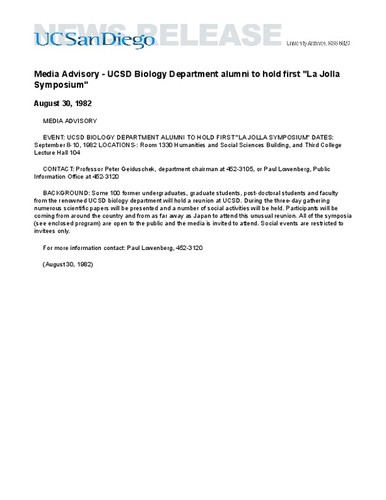 Media Advisory - UCSD Biology Department alumni to hold first "La Jolla Symposium"