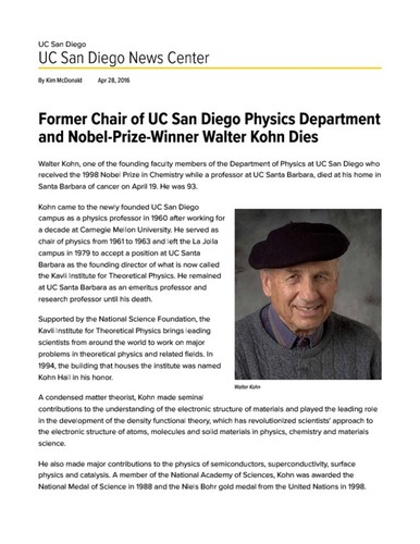 Former Chair of UC San Diego Physics Department and Nobel-Prize-Winner Walter Kohn Dies