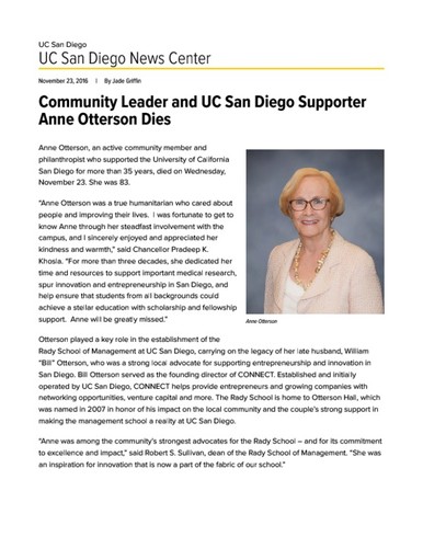 Community Leader and UC San Diego Supporter Anne Otterson Dies