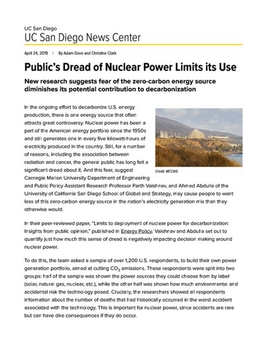 Public’s Dread of Nuclear Power Limits its Use