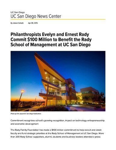 Philanthropists Evelyn and Ernest Rady Commit $100 Million to Benefit the Rady School of Management
