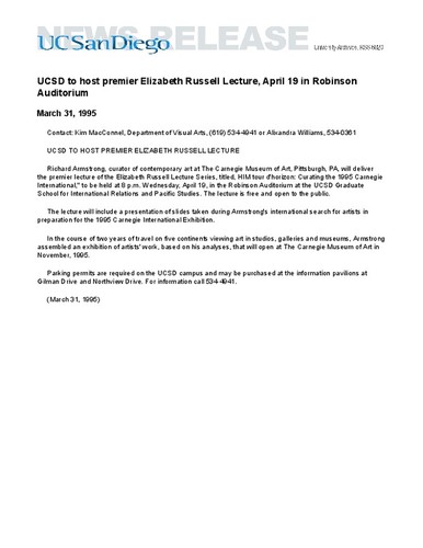 UCSD to host premier Elizabeth Russell Lecture, April 19 in Robinson Auditorium