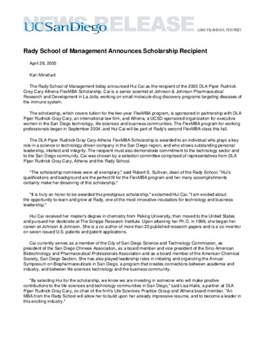 Rady School of Management Announces Scholarship Recipient