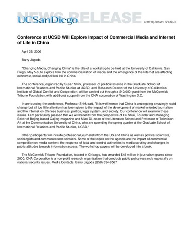 Conference at UCSD Will Explore Impact of Commercial Media and Internet of Life in China